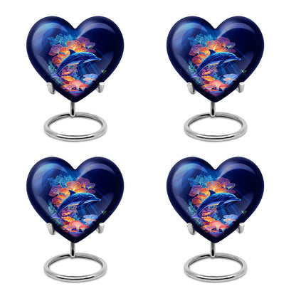 Celestial Blue Dolphin Cremation Urn angled view of lid and engraved motif - loving heart memorial featuring dolphin pattern - 10 inch aluminum urn for cremated remains
