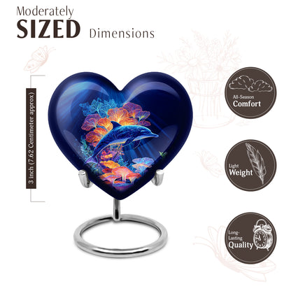 Icy Blue Dolphin Cremation Urn front view showing detailed design - heart-shaped dolphin design symbolizing eternal love - mini keepsake memorial for portion of cremation ashes