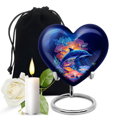 Icy Blue Dolphin Cremation Urn detail view - loving heart memorial featuring dolphin pattern - full-size 10 inch 200 cubic inch adult cremation urn