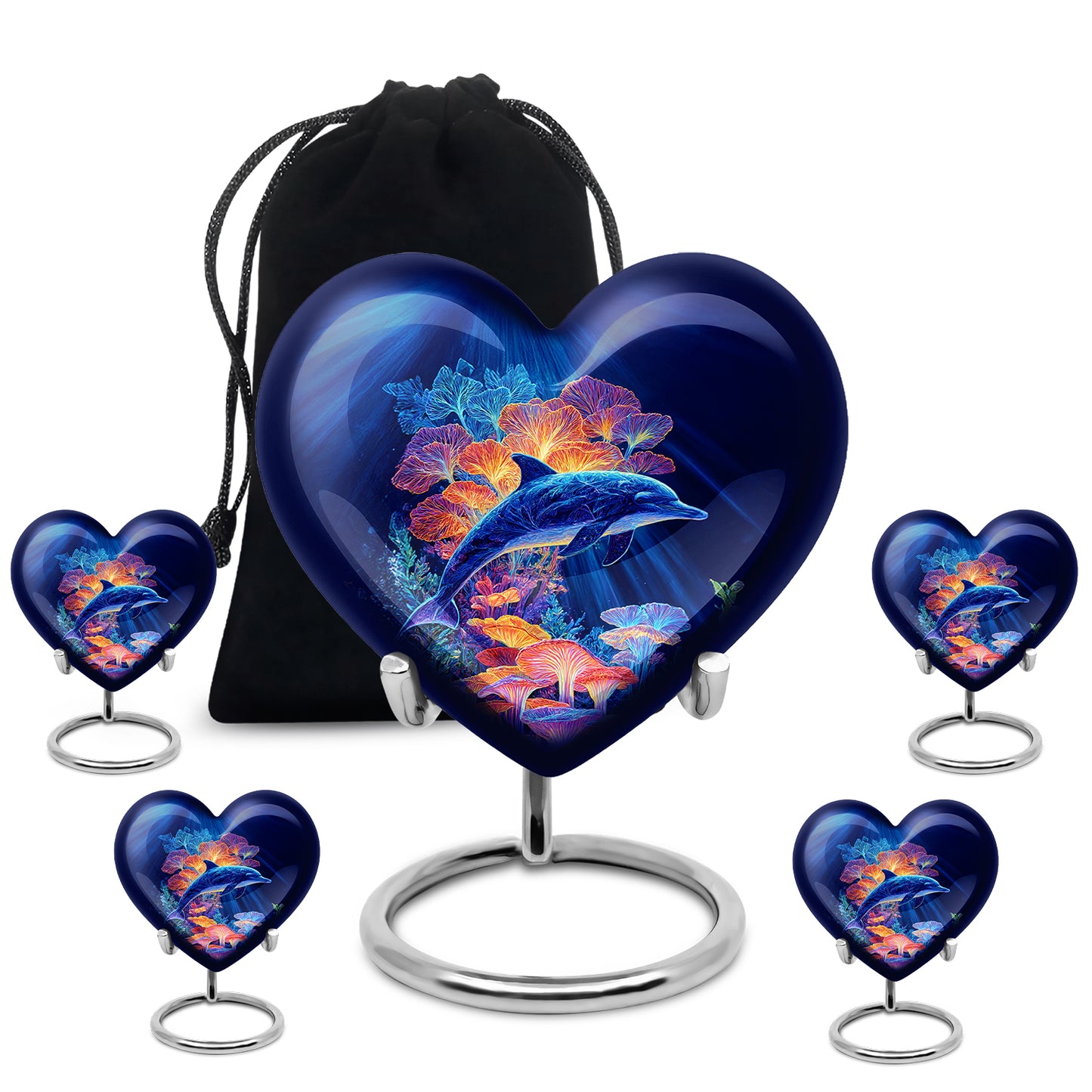 Pastel Blue Dolphin Cremation Urn close-up of engraving and surface detail - heart-shaped dolphin design symbolizing eternal love - memorial set with one large and four small urns