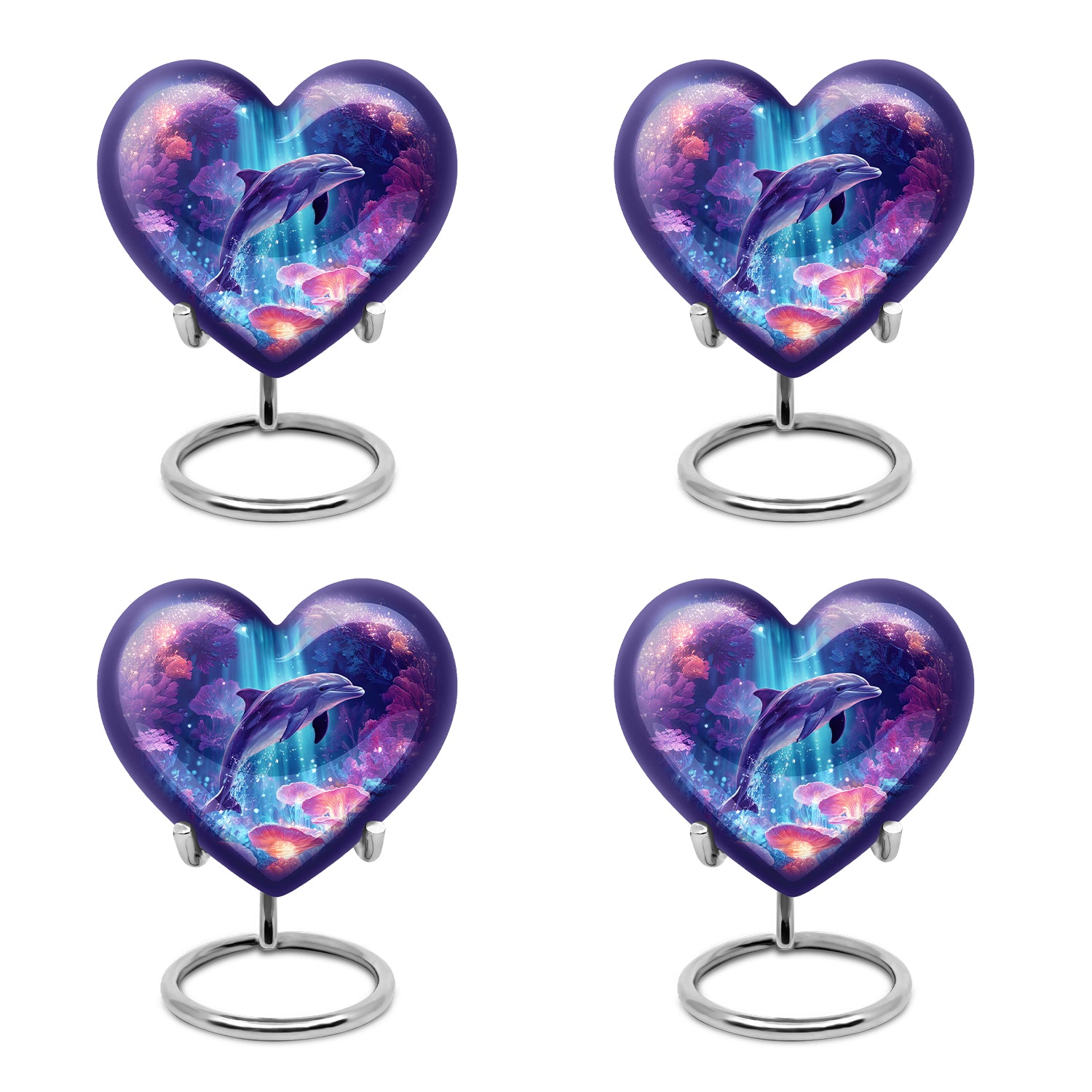Indigo Dolphin Cremation Urn angled view of lid and engraved motif - loving heart memorial featuring dolphin pattern - 10 inch aluminum urn for cremated remains