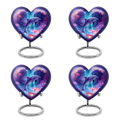Indigo Dolphin Cremation Urn angled view of lid and engraved motif - loving heart memorial featuring dolphin pattern - 10 inch aluminum urn for cremated remains