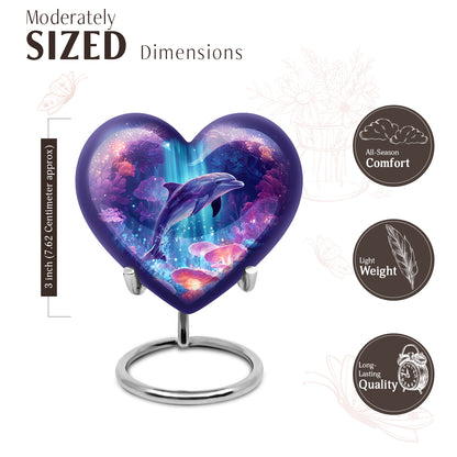 Dusty Blue Dolphin Cremation Urn front view showing detailed design - heart-shaped dolphin design symbolizing eternal love - mini keepsake memorial for portion of cremation ashes