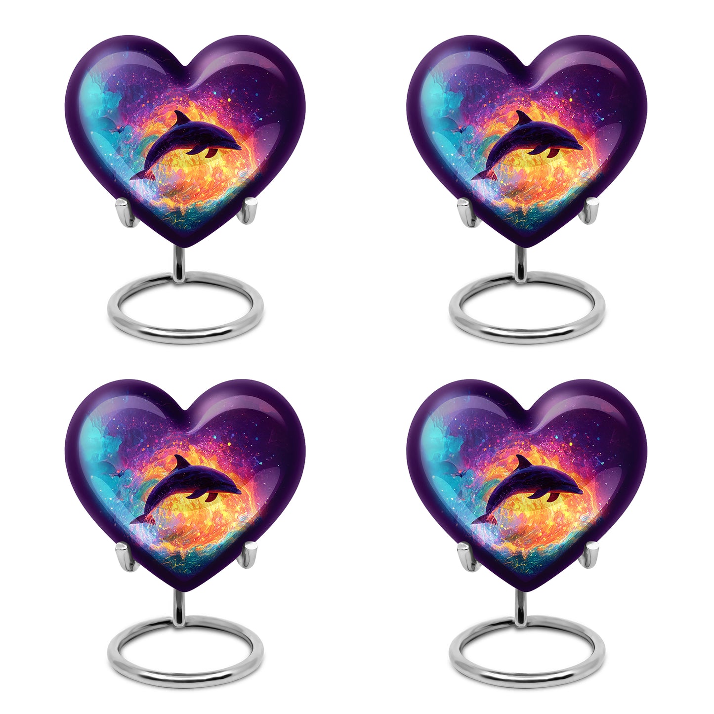 Deep Purple Dolphin Cremation Urn angled view of lid and engraved motif - heart-shaped dolphin design symbolizing eternal love - 10 inch aluminum urn for cremated remains