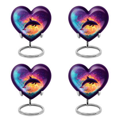 Deep Purple Dolphin Cremation Urn angled view of lid and engraved motif - heart-shaped dolphin design symbolizing eternal love - 10 inch aluminum urn for cremated remains