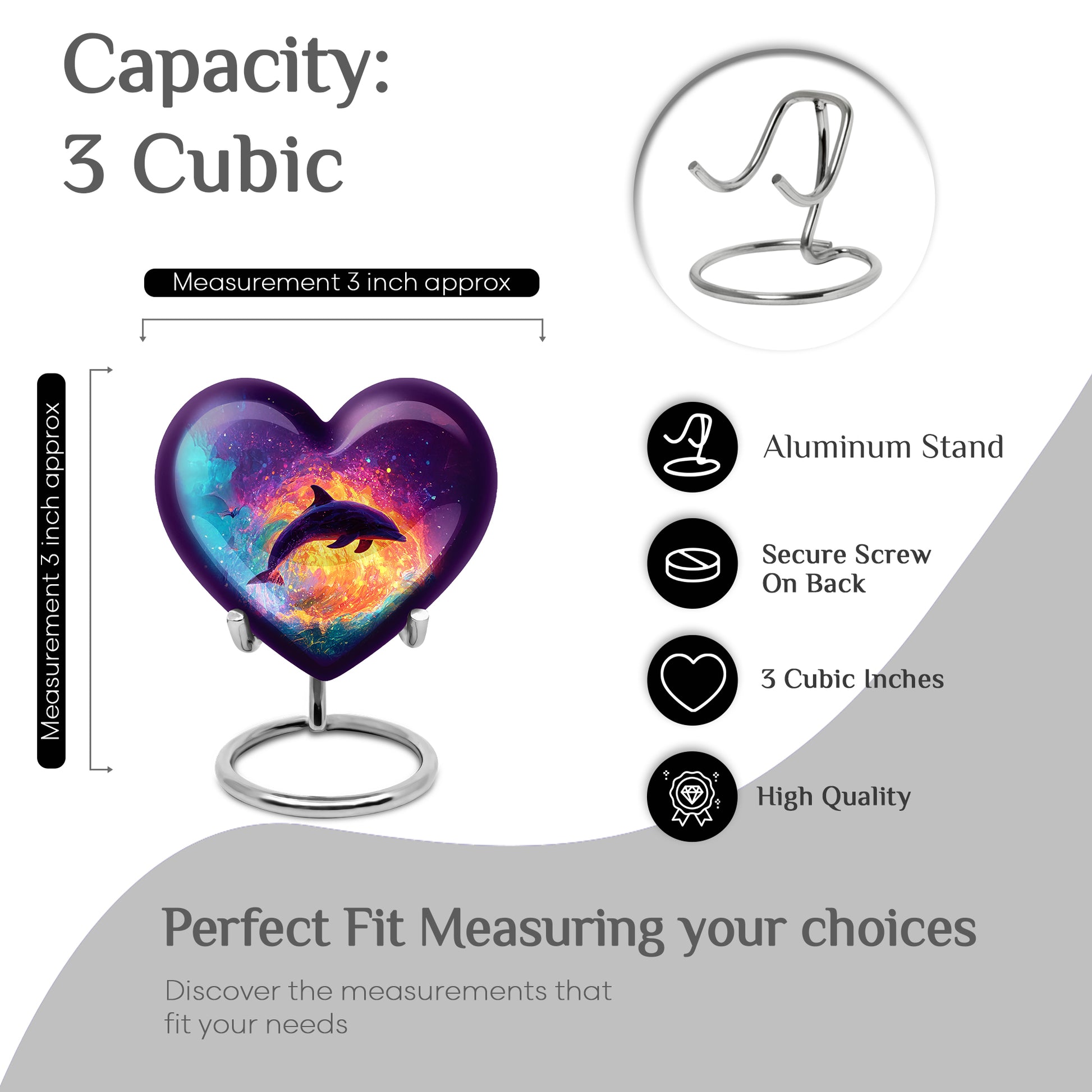 Plum Purple Dolphin Cremation Urn front view showing detailed design - loving heart memorial featuring dolphin pattern - mini keepsake memorial for portion of cremation ashes