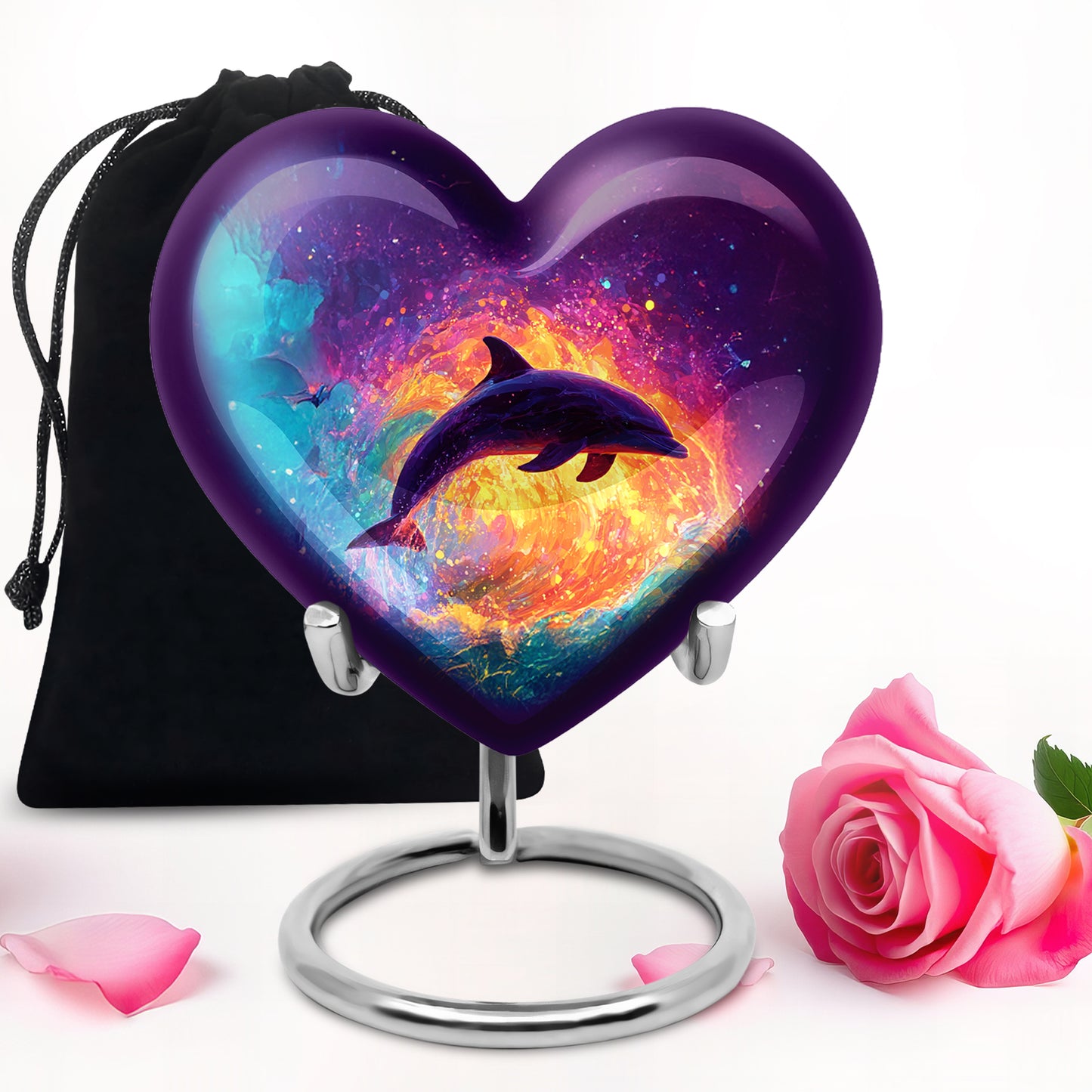 Royal Purple Dolphin Cremation Urn detail view - compassionate heart-dolphin combination with gentle curves - full-size 10 inch 200 cubic inch adult cremation urn