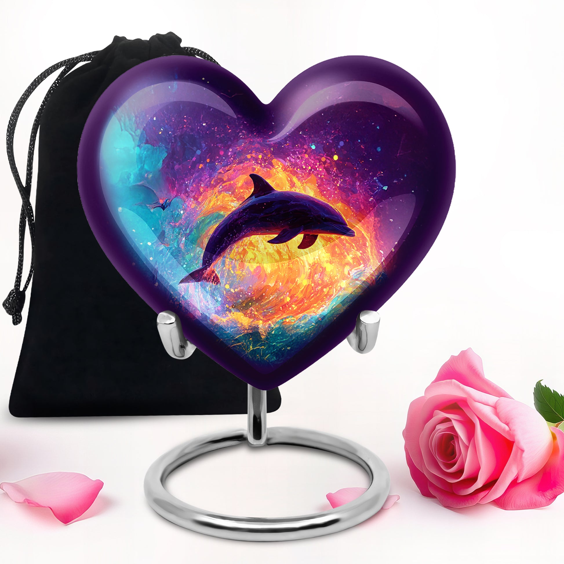Royal Purple Dolphin Cremation Urn detail view - compassionate heart-dolphin combination with gentle curves - full-size 10 inch 200 cubic inch adult cremation urn