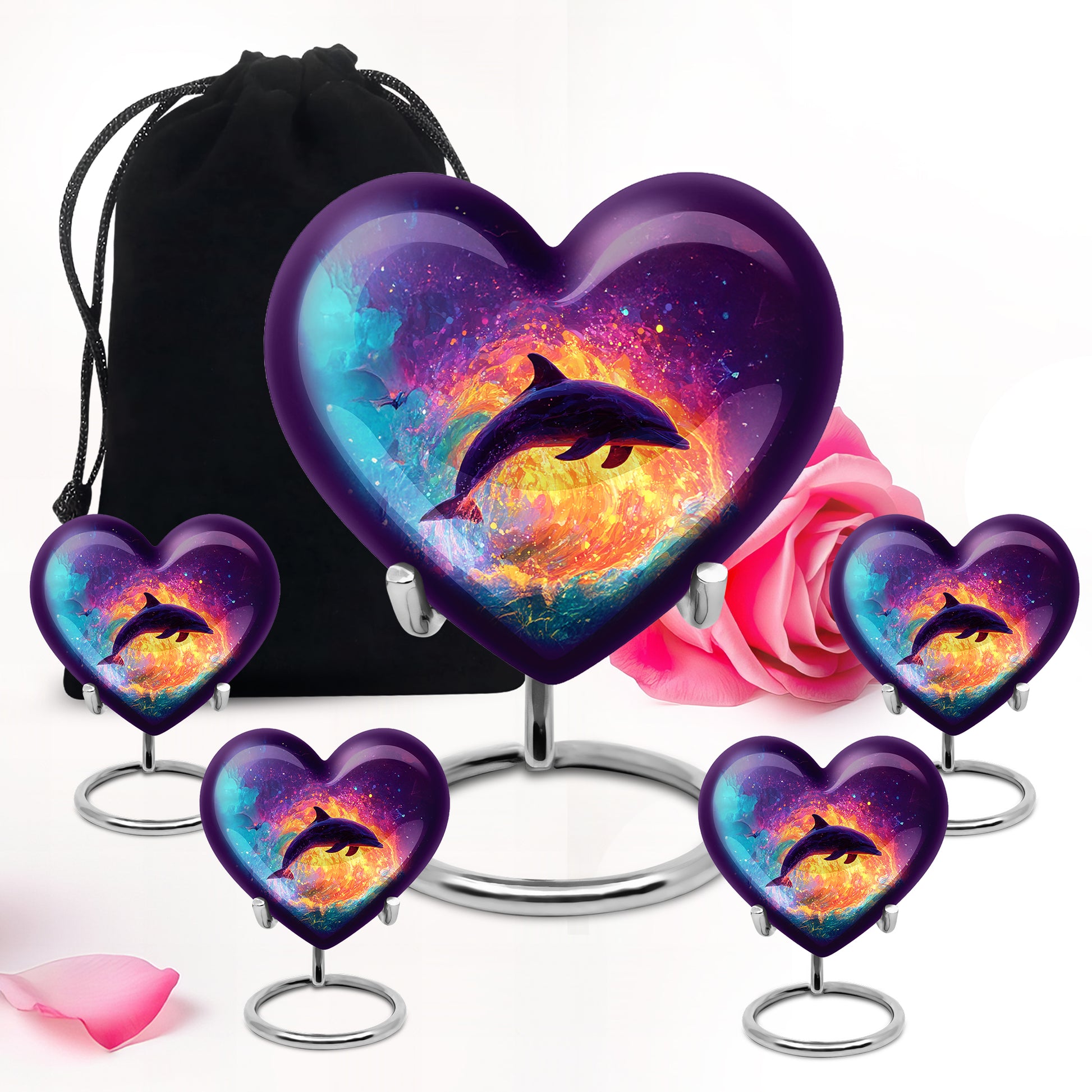 Twilight Purple Dolphin Cremation Urn close-up of engraving and surface detail - romantic heart urn with dolphin motif on aluminum - memorial set with one large and four small urns