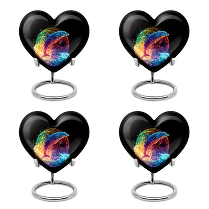 Obsidian Black Dolphin Cremation Urn angled view of lid and engraved motif - romantic heart urn with dolphin motif on aluminum - 10 inch aluminum urn for cremated remains