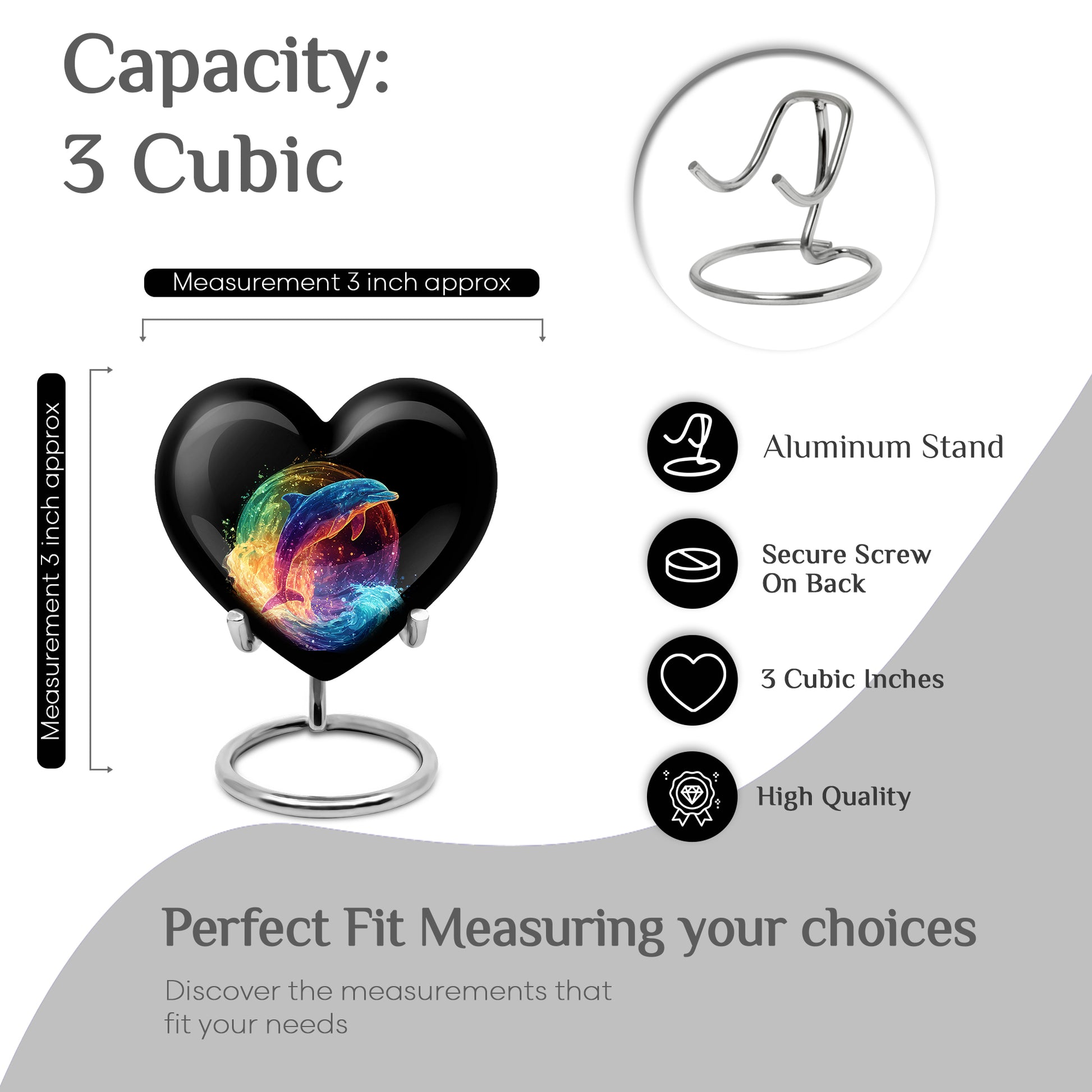 Obsidian Black Dolphin Cremation Urn front view showing detailed design - romantic heart urn with dolphin motif on aluminum - mini keepsake memorial for portion of cremation ashes