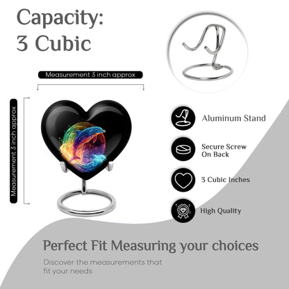 Obsidian Black Dolphin Cremation Urn front view showing detailed design - romantic heart urn with dolphin motif on aluminum - mini keepsake memorial for portion of cremation ashes