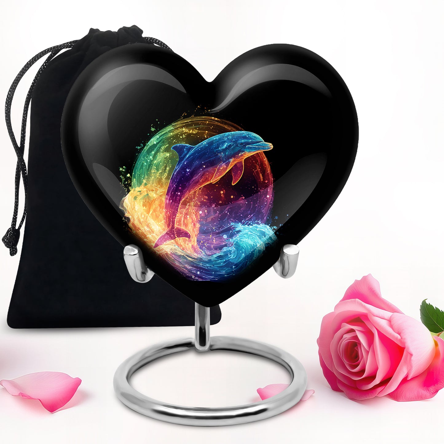 Onyx Black Dolphin Cremation Urn detail view - compassionate heart-dolphin combination with gentle curves - full-size 10 inch 200 cubic inch adult cremation urn
