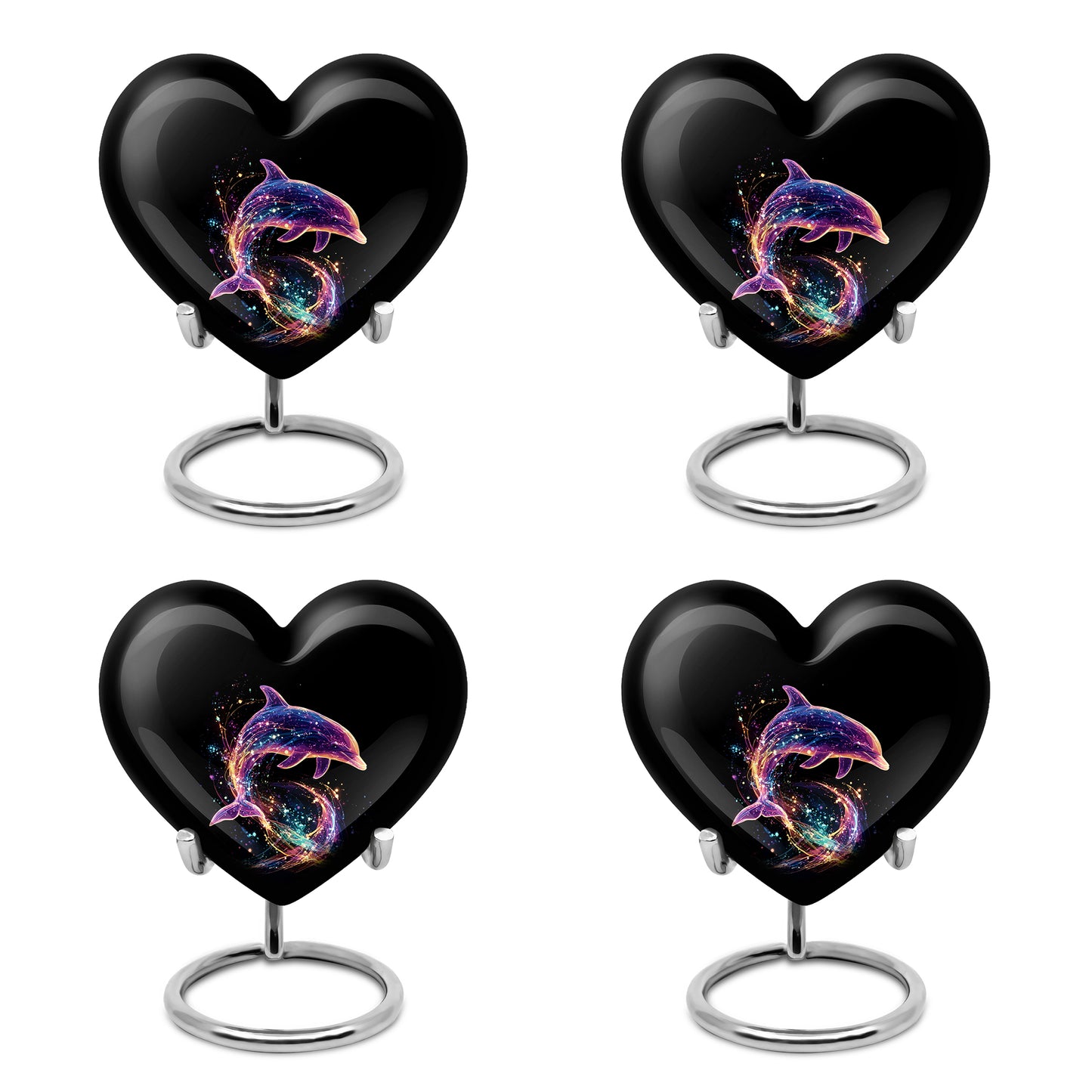 Ebony Dolphin Cremation Urn angled view of lid and engraved motif - loving heart memorial featuring dolphin pattern - 10 inch aluminum urn for cremated remains