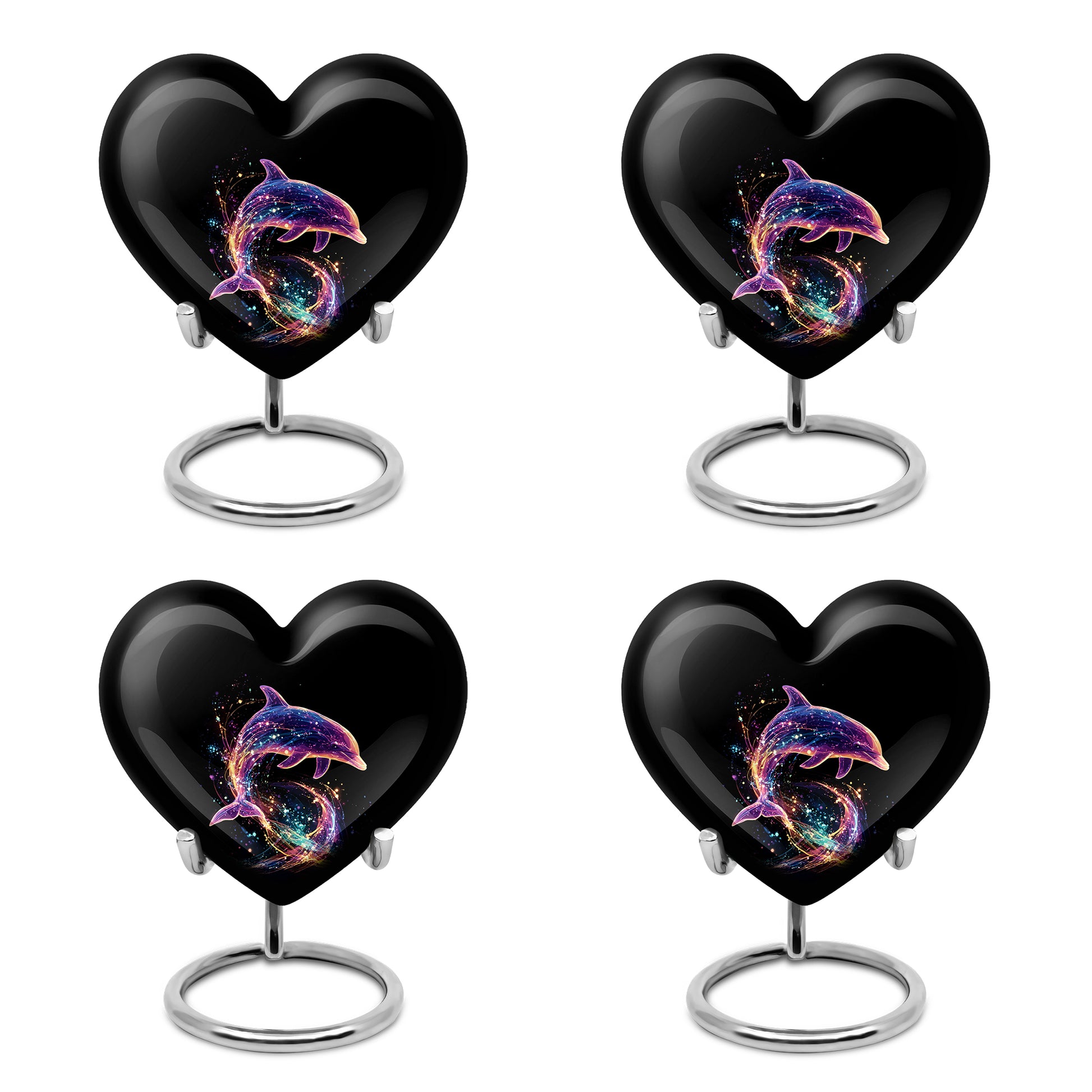 Ebony Dolphin Cremation Urn angled view of lid and engraved motif - loving heart memorial featuring dolphin pattern - 10 inch aluminum urn for cremated remains