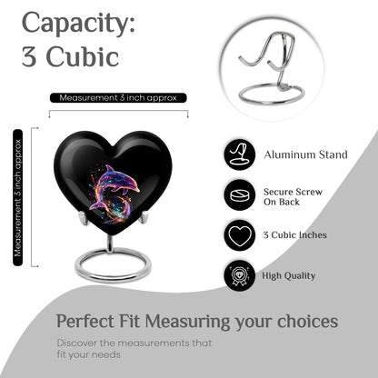 Ebony Dolphin Cremation Urn front view showing detailed design - loving heart memorial featuring dolphin pattern - mini keepsake memorial for portion of cremation ashes
