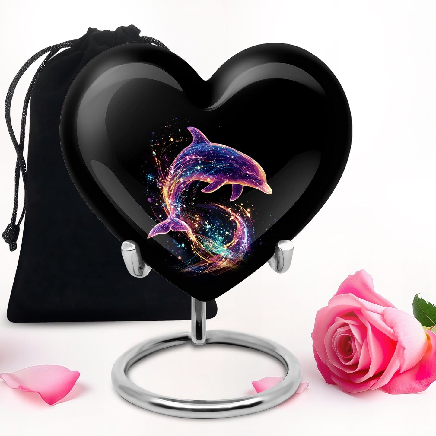 Deep Black Dolphin Cremation Urn detail view - heart-shaped dolphin design symbolizing eternal love - full-size 10 inch 200 cubic inch adult cremation urn