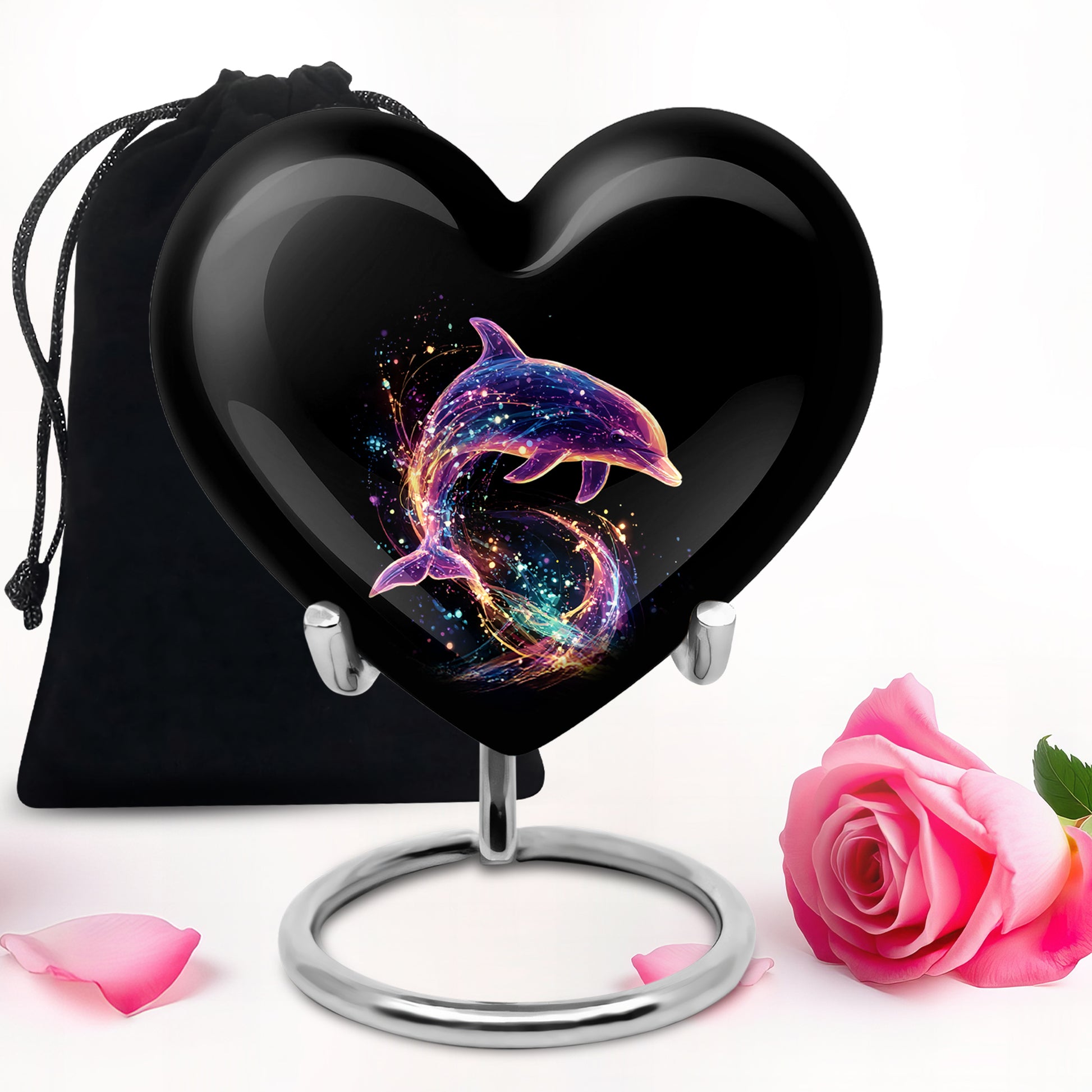 Deep Black Dolphin Cremation Urn detail view - heart-shaped dolphin design symbolizing eternal love - full-size 10 inch 200 cubic inch adult cremation urn