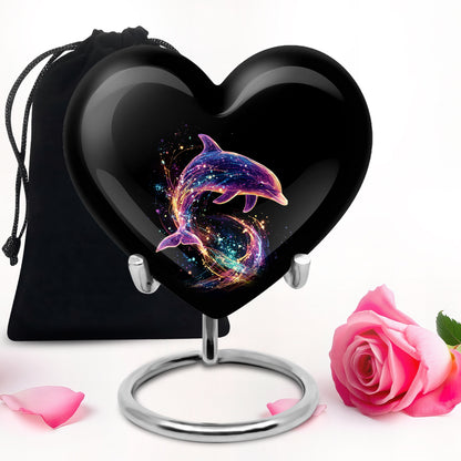 Deep Black Dolphin Cremation Urn detail view - heart-shaped dolphin design symbolizing eternal love - full-size 10 inch 200 cubic inch adult cremation urn