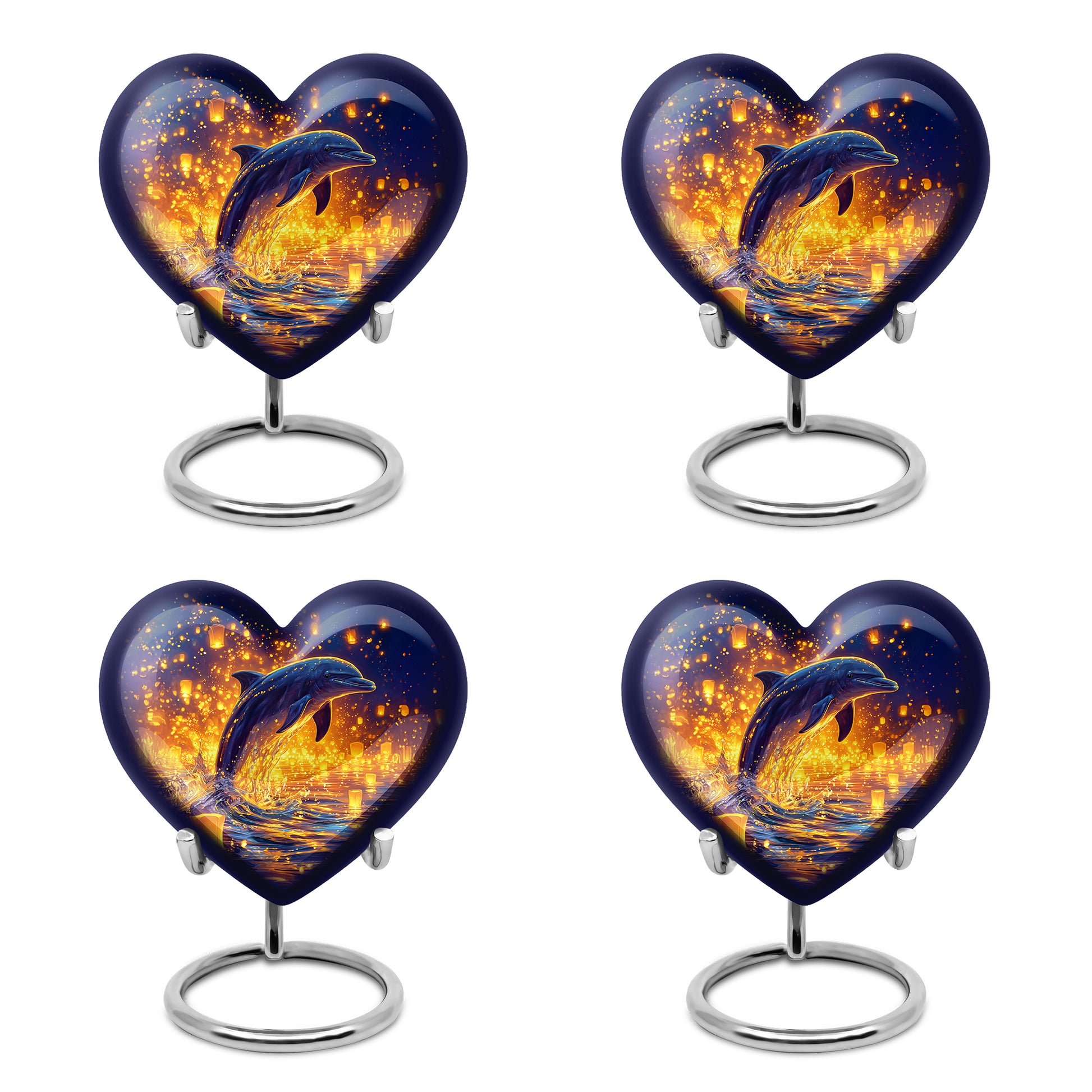 Azure Dolphin Cremation Urn angled view of lid and engraved motif - loving heart memorial featuring dolphin pattern - 10 inch aluminum urn for cremated remains