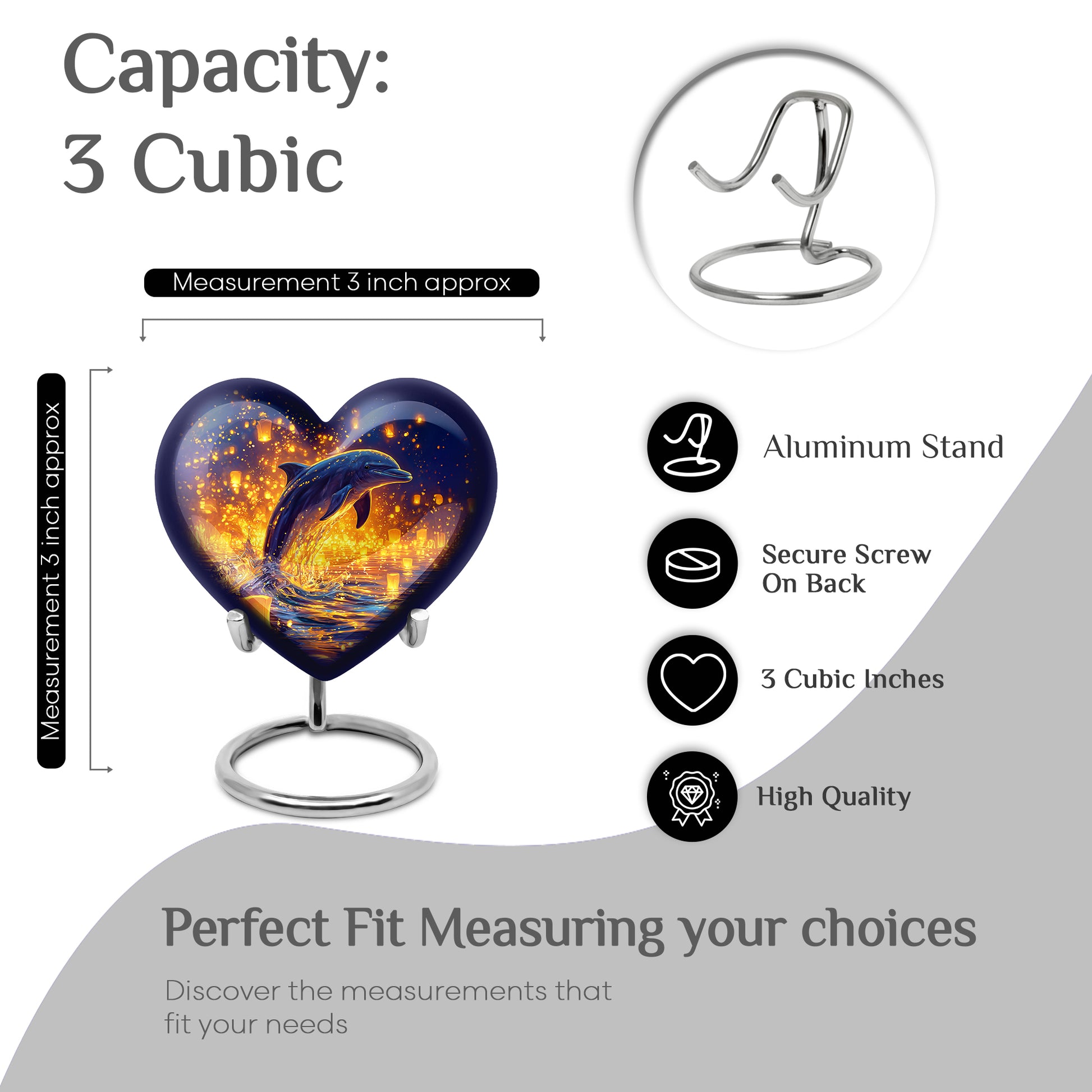 Vivid Blue Dolphin Cremation Urn front view showing detailed design - romantic heart urn with dolphin motif on aluminum - mini keepsake memorial for portion of cremation ashes