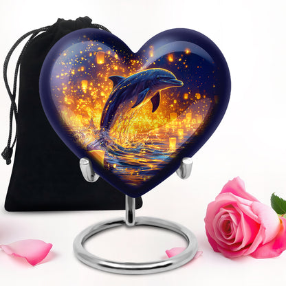 Bright Blue Dolphin Cremation Urn detail view - romantic heart urn with dolphin motif on aluminum - full-size 10 inch 200 cubic inch adult cremation urn