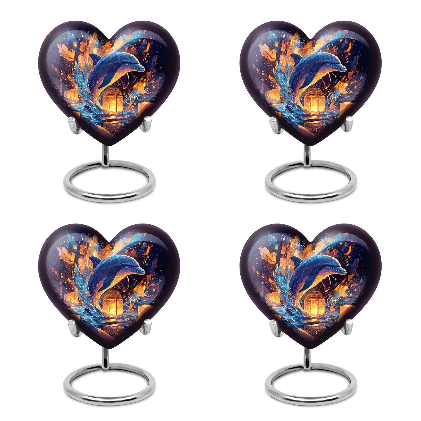 Celestial Blue Dolphin Cremation Urn angled view of lid and engraved motif - loving heart memorial featuring dolphin pattern - 10 inch aluminum urn for cremated remains