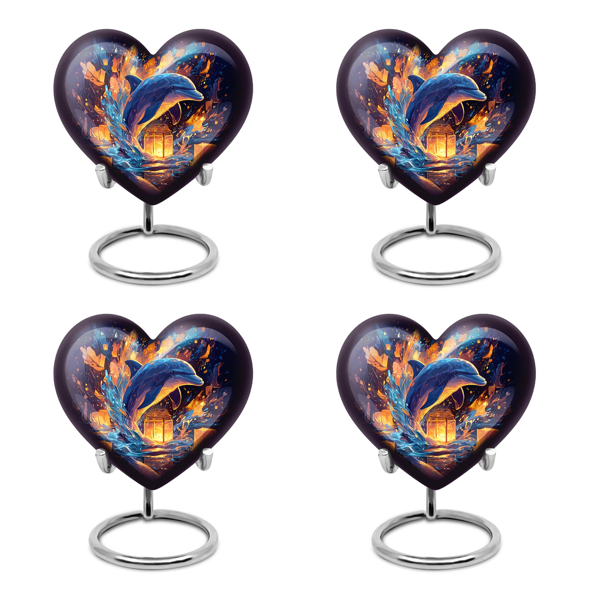 Celestial Blue Dolphin Cremation Urn angled view of lid and engraved motif - loving heart memorial featuring dolphin pattern - 10 inch aluminum urn for cremated remains