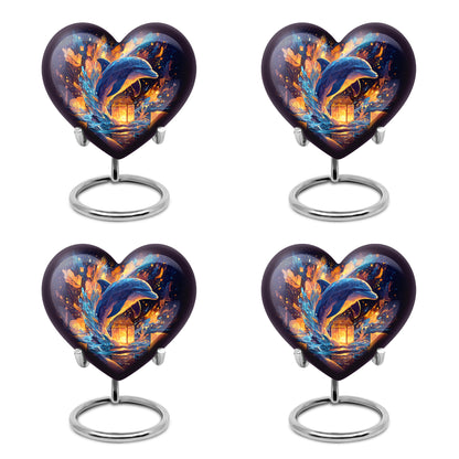 Celestial Blue Dolphin Cremation Urn angled view of lid and engraved motif - loving heart memorial featuring dolphin pattern - 10 inch aluminum urn for cremated remains
