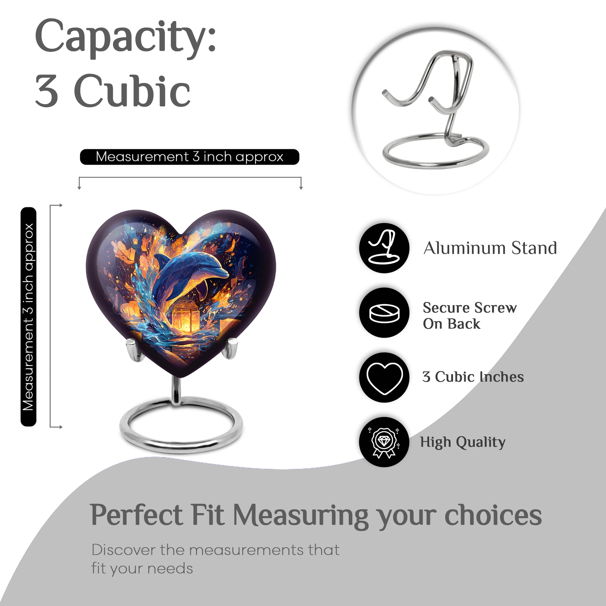 Icy Blue Dolphin Cremation Urn front view showing detailed design - heart-shaped dolphin design symbolizing eternal love - mini keepsake memorial for portion of cremation ashes