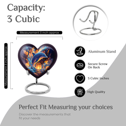 Icy Blue Dolphin Cremation Urn front view showing detailed design - heart-shaped dolphin design symbolizing eternal love - mini keepsake memorial for portion of cremation ashes