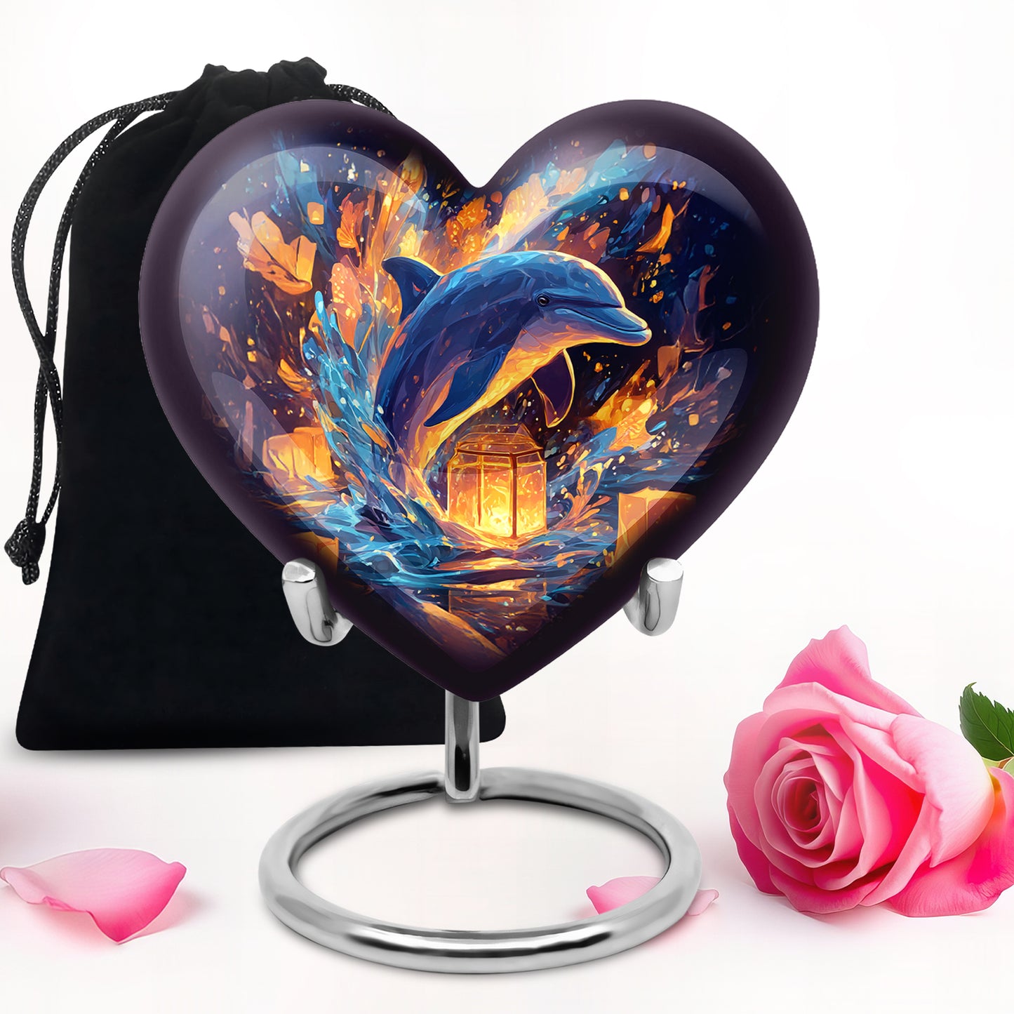 Soft Blue Dolphin Cremation Urn detail view - romantic heart urn with dolphin motif on aluminum - full-size 10 inch 200 cubic inch adult cremation urn