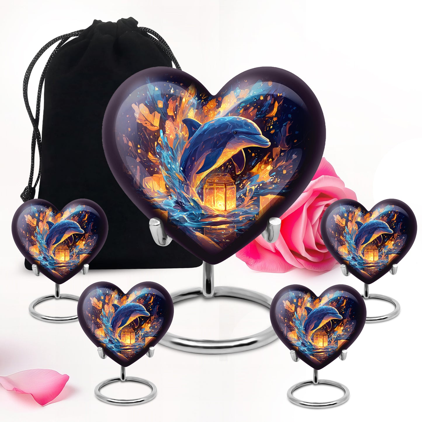 Azure Dolphin Cremation Urn close-up of engraving and surface detail - heart-shaped dolphin design symbolizing eternal love - memorial set with one large and four small urns