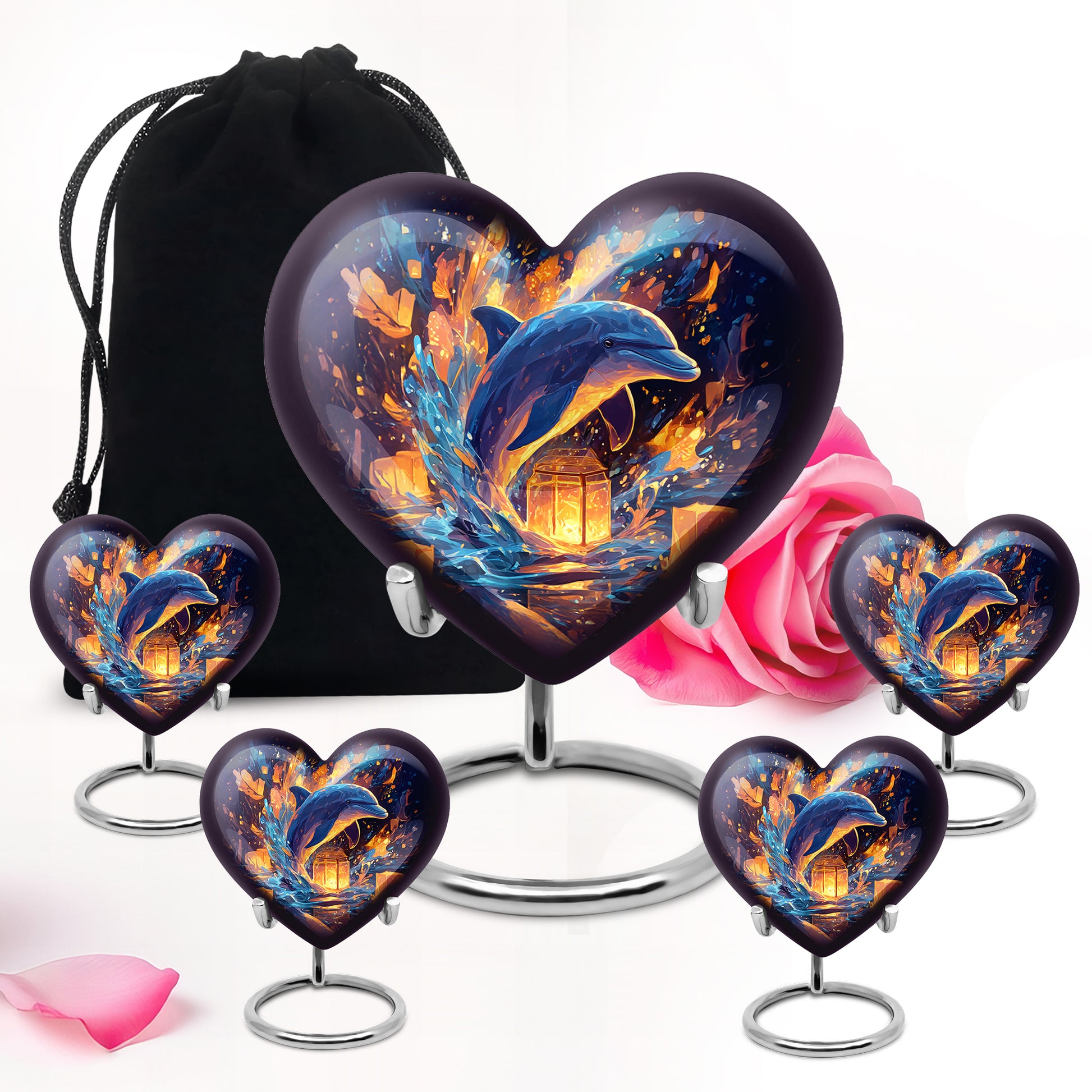 Azure Dolphin Cremation Urn close-up of engraving and surface detail - heart-shaped dolphin design symbolizing eternal love - memorial set with one large and four small urns