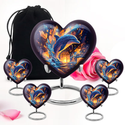 Azure Dolphin Cremation Urn close-up of engraving and surface detail - heart-shaped dolphin design symbolizing eternal love - memorial set with one large and four small urns