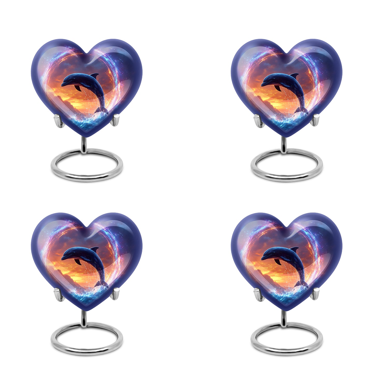 Navy Blue Dolphin Cremation Urn angled view of lid and engraved motif - heart-shaped dolphin design symbolizing eternal love - 10 inch aluminum urn for cremated remains