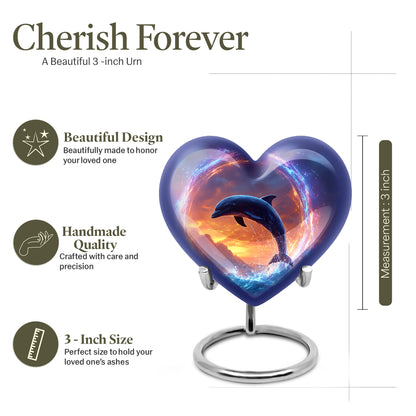 Azure Dolphin Cremation Urn front view showing detailed design - loving heart memorial featuring dolphin pattern - mini keepsake memorial for portion of cremation ashes