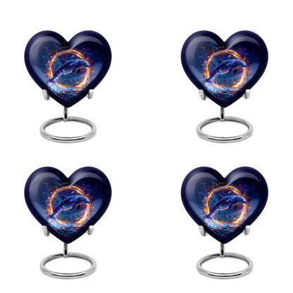 Soft Blue Dolphin Cremation Urn angled view of lid and engraved motif - compassionate heart-dolphin combination with gentle curves - 10 inch aluminum urn for cremated remains