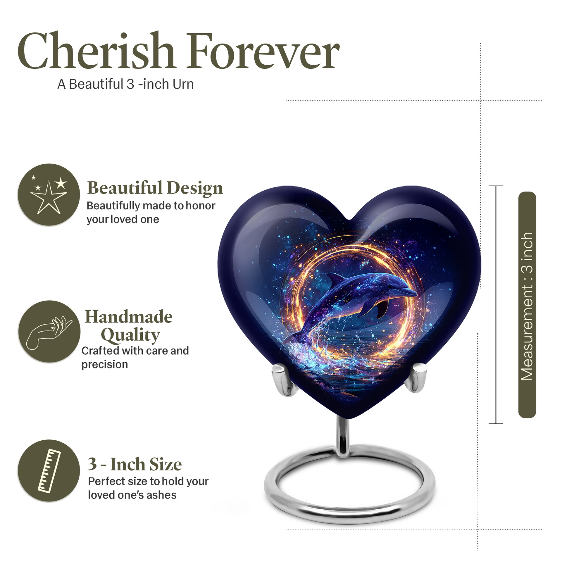 Sky Blue Dolphin Cremation Urn front view showing detailed design - heart-shaped dolphin design symbolizing eternal love - mini keepsake memorial for portion of cremation ashes