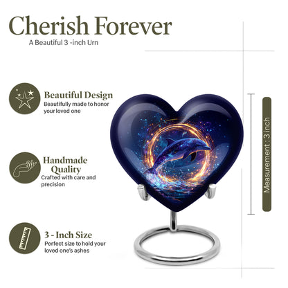 Sky Blue Dolphin Cremation Urn front view showing detailed design - heart-shaped dolphin design symbolizing eternal love - mini keepsake memorial for portion of cremation ashes