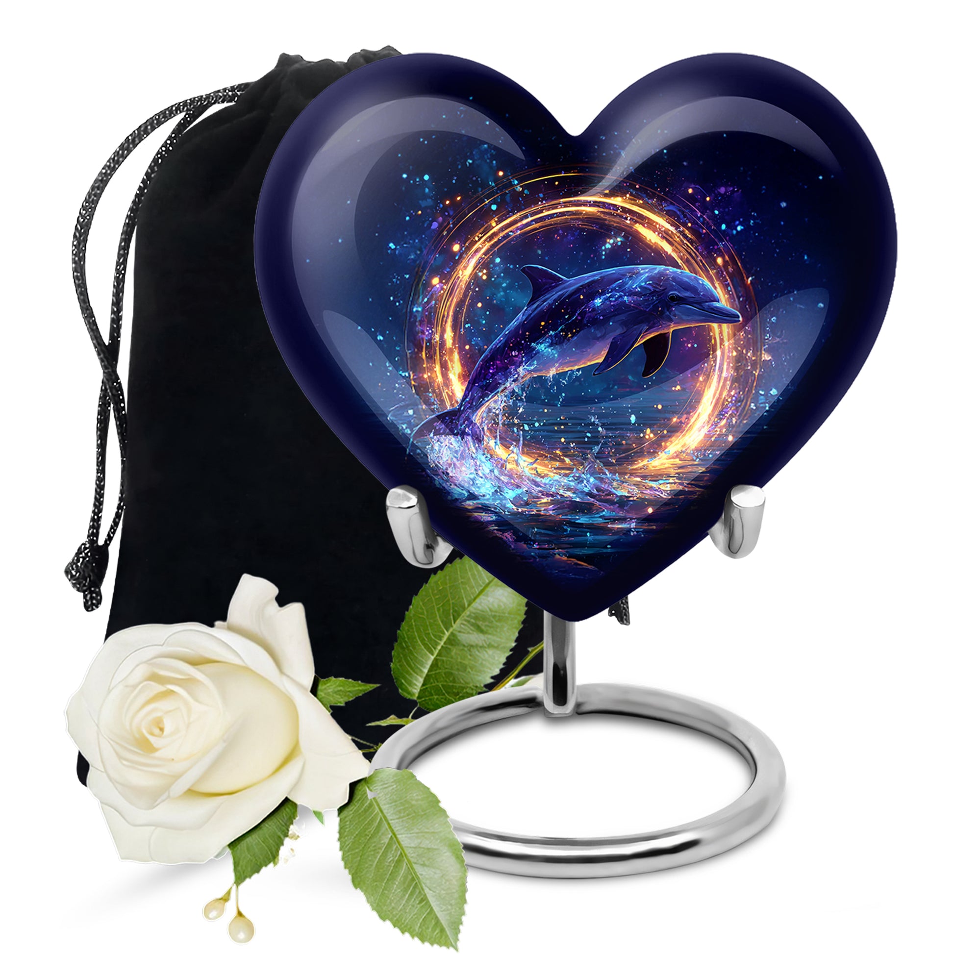 Navy Blue Dolphin Cremation Urn detail view - heart-shaped dolphin design symbolizing eternal love - full-size 10 inch 200 cubic inch adult cremation urn