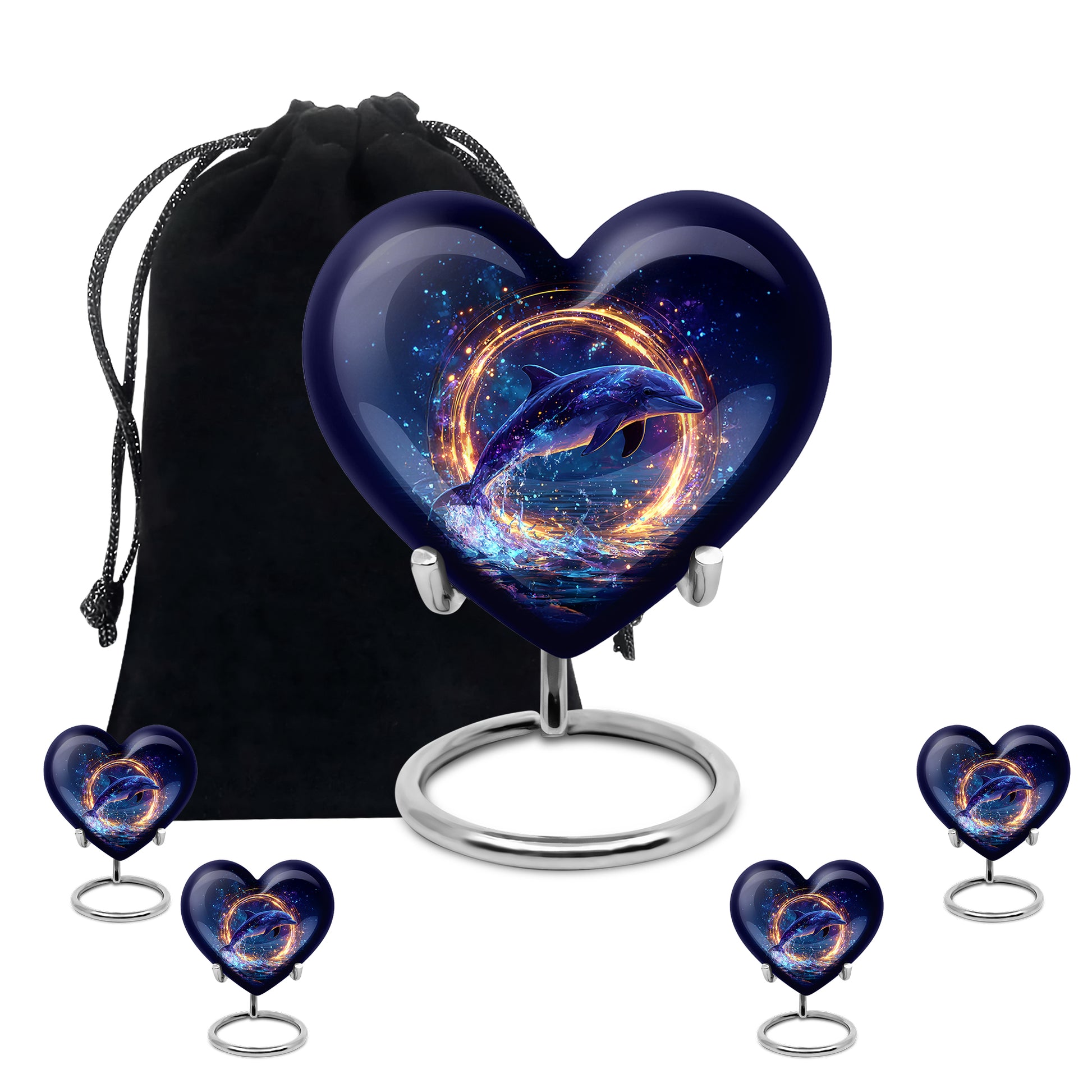 Sapphire Blue Dolphin Cremation Urn close-up of engraving and surface detail - compassionate heart-dolphin combination with gentle curves - memorial set with one large and four small urns