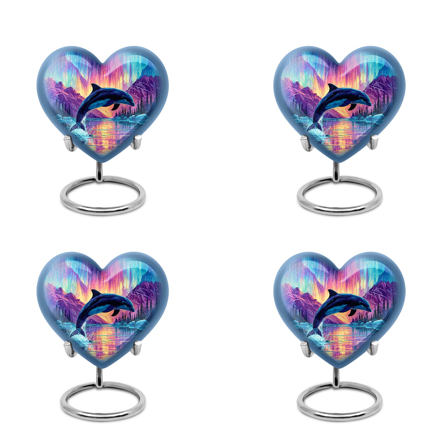 Dusty Blue Dolphin Cremation Urn angled view of lid and engraved motif - loving heart memorial featuring dolphin pattern - 10 inch aluminum urn for cremated remains