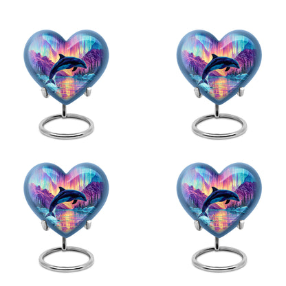Dusty Blue Dolphin Cremation Urn angled view of lid and engraved motif - loving heart memorial featuring dolphin pattern - 10 inch aluminum urn for cremated remains