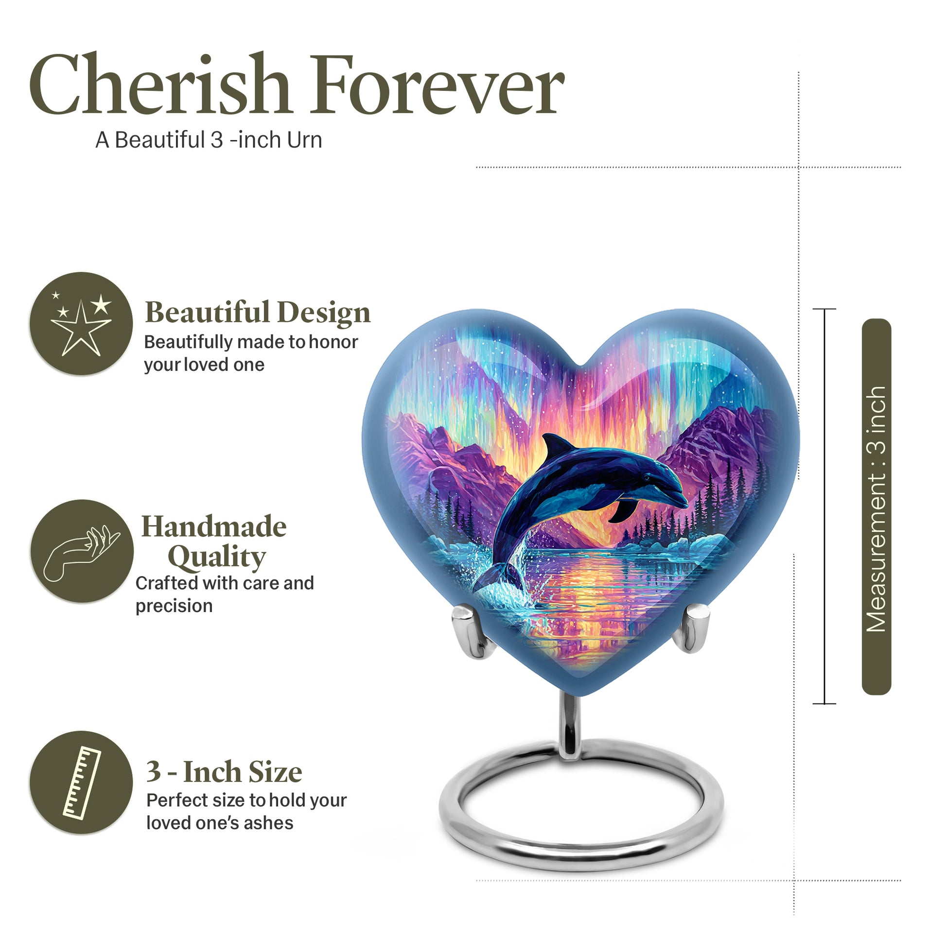 Pastel Blue Dolphin Cremation Urn front view showing detailed design - loving heart memorial featuring dolphin pattern - mini keepsake memorial for portion of cremation ashes