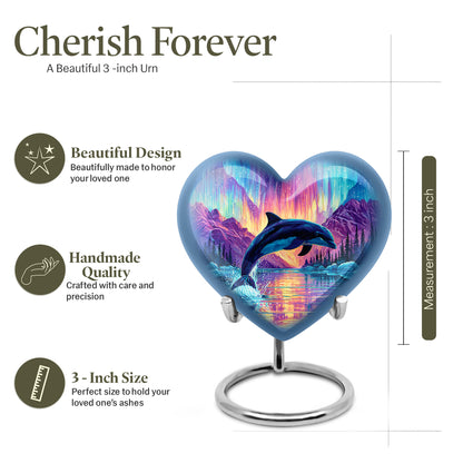 Pastel Blue Dolphin Cremation Urn front view showing detailed design - loving heart memorial featuring dolphin pattern - mini keepsake memorial for portion of cremation ashes
