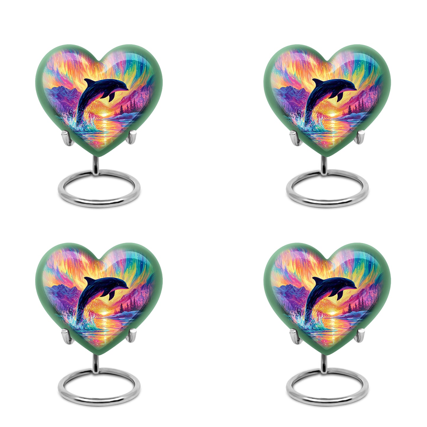 Majestic Purple Dolphin Cremation Urn angled view of lid and engraved motif - heart-shaped dolphin design symbolizing eternal love - 10 inch aluminum urn for cremated remains