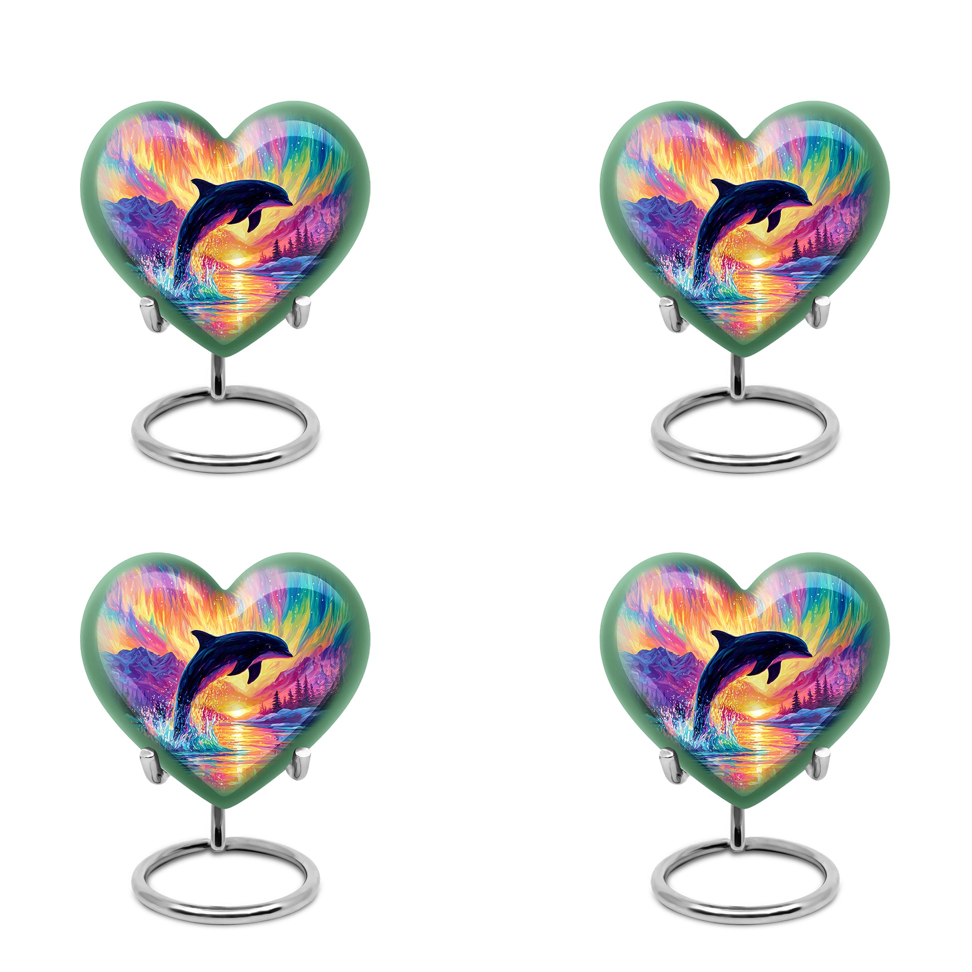 Majestic Purple Dolphin Cremation Urn angled view of lid and engraved motif - heart-shaped dolphin design symbolizing eternal love - 10 inch aluminum urn for cremated remains