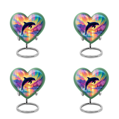 Majestic Purple Dolphin Cremation Urn angled view of lid and engraved motif - heart-shaped dolphin design symbolizing eternal love - 10 inch aluminum urn for cremated remains