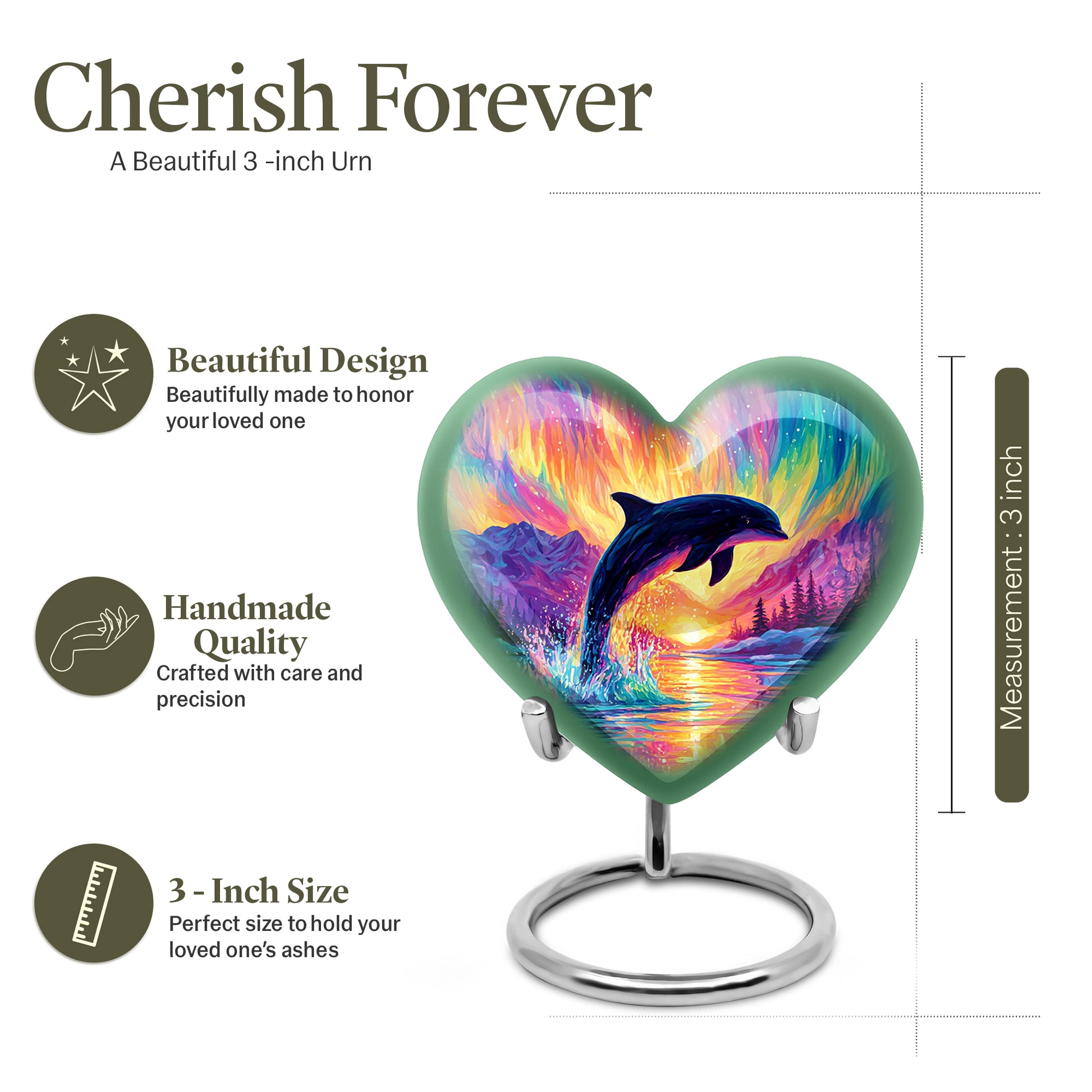 Royal Purple Dolphin Cremation Urn front view showing detailed design - romantic heart urn with dolphin motif on aluminum - mini keepsake memorial for portion of cremation ashes